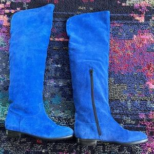 Sisley Blue Suede Leather Knee-High Pull On Heeled Boots EU 37
